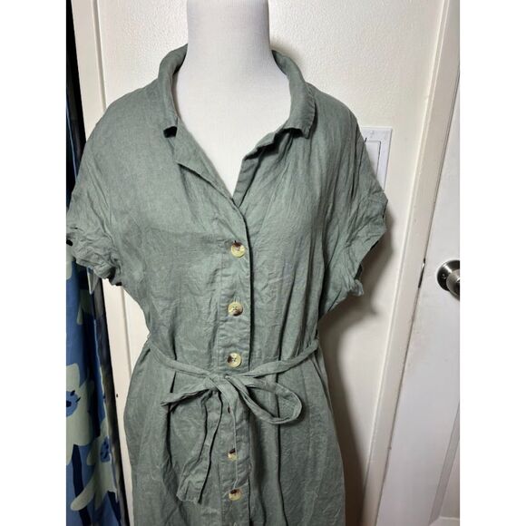 Quince 100% European Linen Button Front Midi Dress Olive Green Sz Large Capsule - Picture 3 of 6